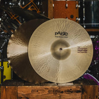 Front view of Paiste 14" Formula 602 Sound Edge Hi-Hats on wooden crate in studio
