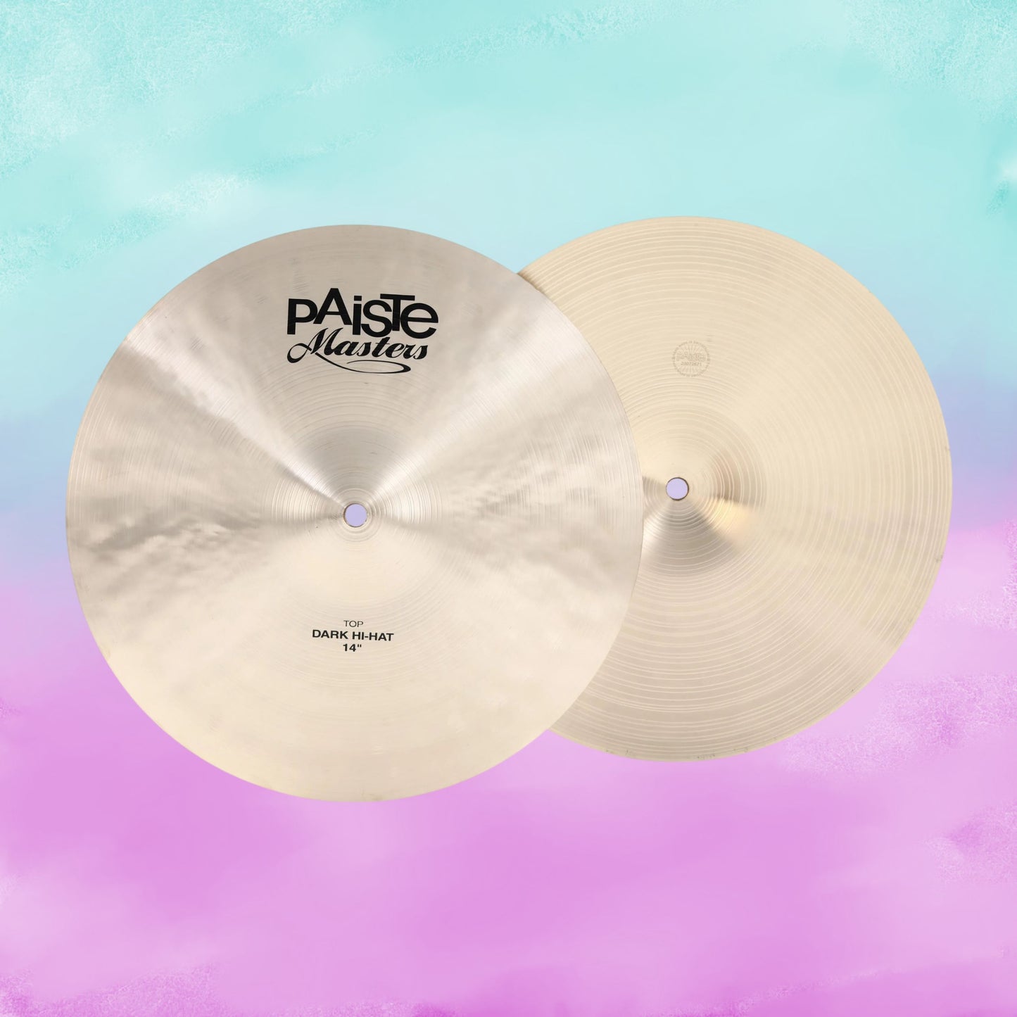 Front view of Paiste 14" Masters Dark Hi-Hats on blue and pink gradient background