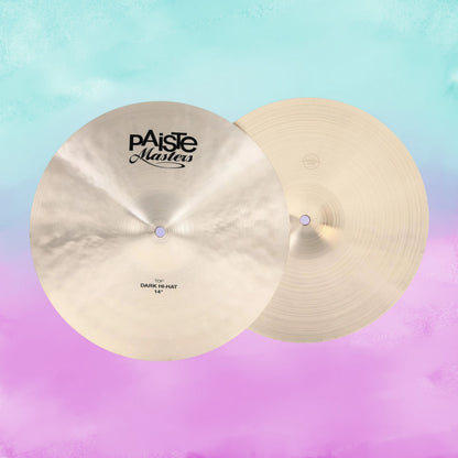 Front view of Paiste 14" Masters Dark Hi-Hats on blue and pink gradient background
