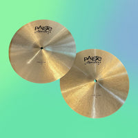 Front view of Paiste 14" Masters Thin Hi-Hats on green and blue gradient background