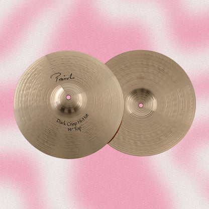 Front view of Paiste 14" Signature Dark Crisp Hi-Hats on pink background