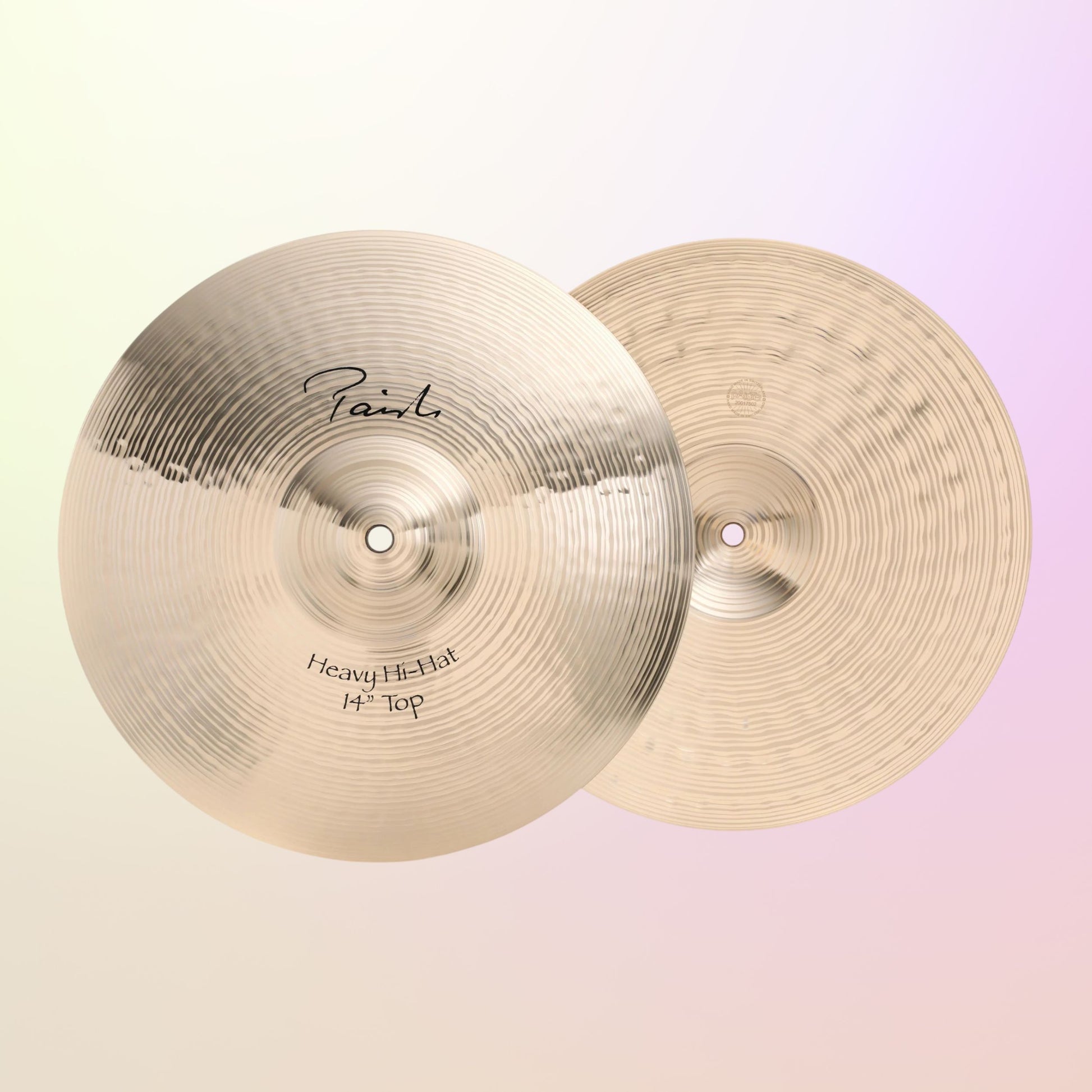 Front view of Paiste 14" Signature Heavy Hi-Hats on yellow and pink gradient background
