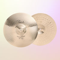 Front view of Paiste 14" Signature Heavy Hi-Hats on yellow and pink gradient background