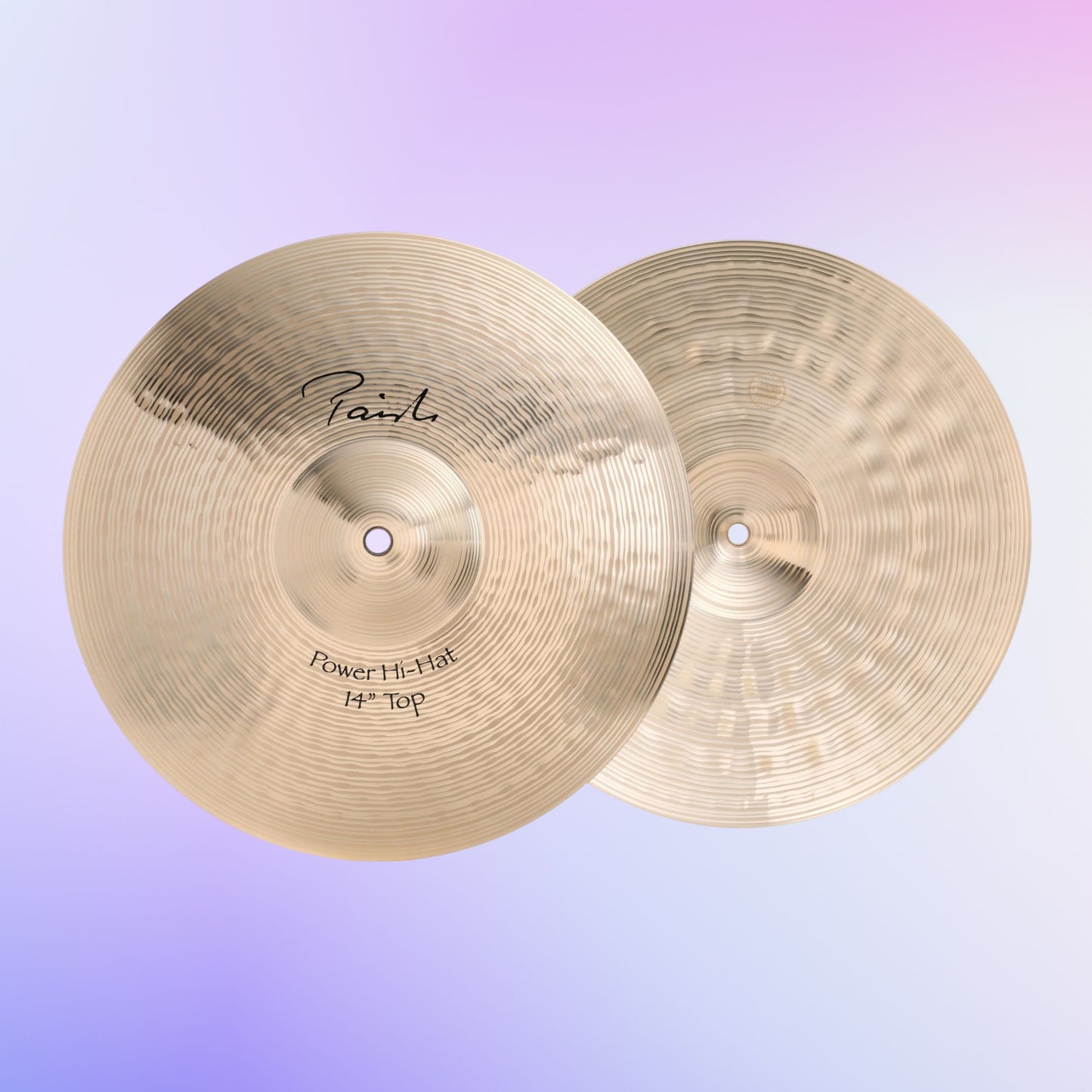 Front view of Paiste 14" Signature Power Hi-Hats on purple gradient background