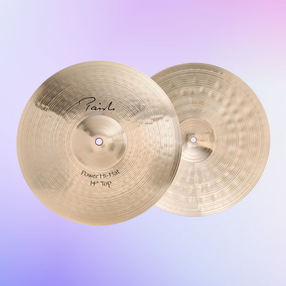 Front view of Paiste 14" Signature Power Hi-Hats on purple gradient background