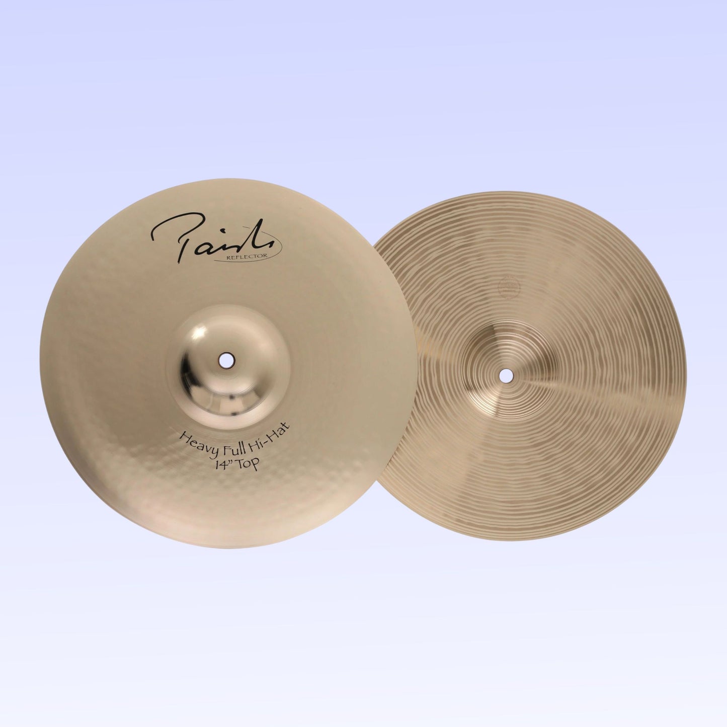 Front view of Paiste 14" Signature Reflector Heavy Full Hi-Hats on purple background