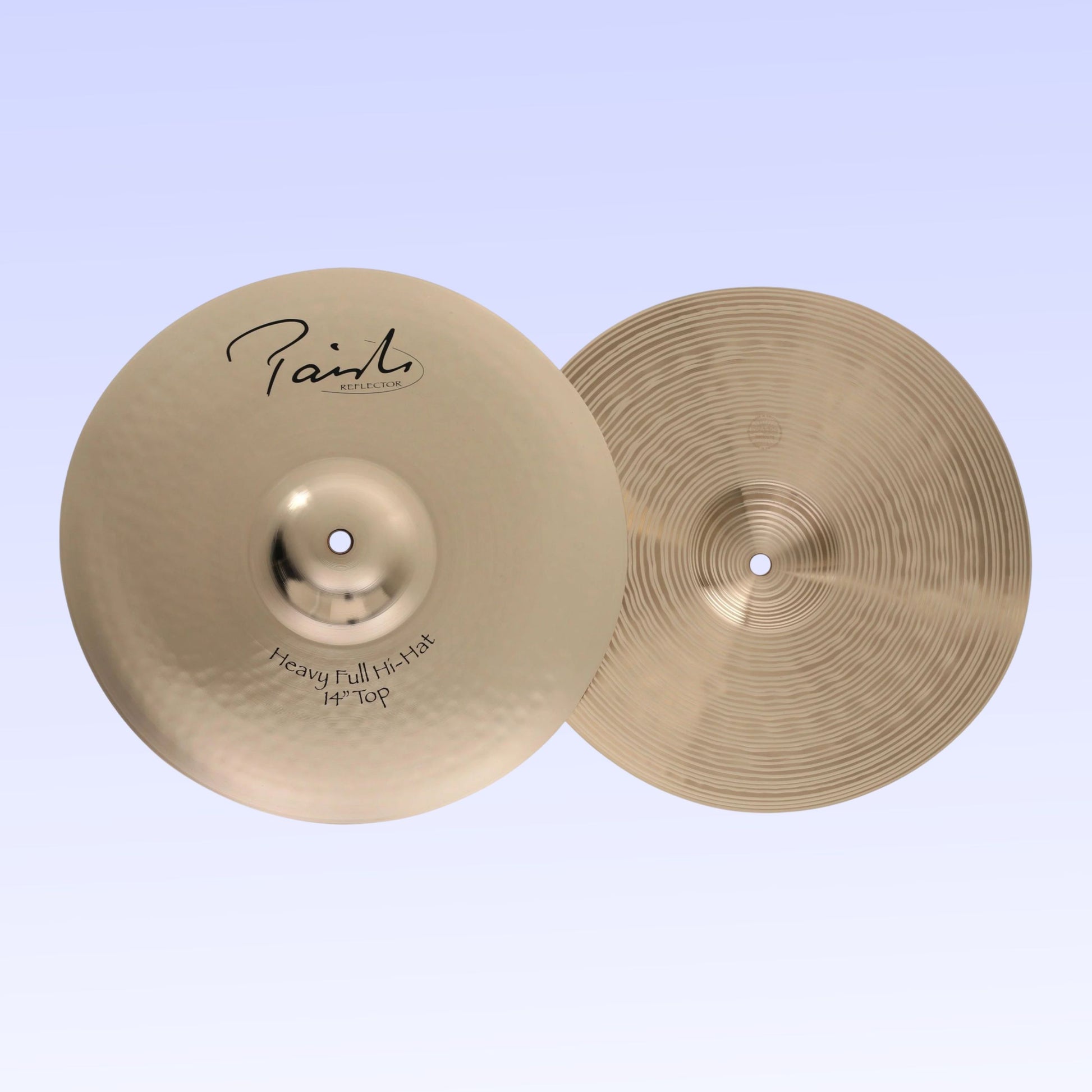Front view of Paiste 14" Signature Reflector Heavy Full Hi-Hats on purple background