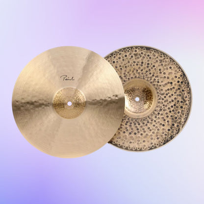 Front view of Paiste 14" Signature Traditionals Medium Light Hi-Hats on purple background