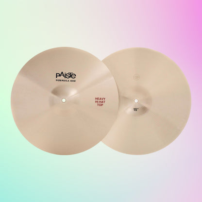 Front view of Paiste 15" Formula 602 Heavy Hi-Hats on multicolored background