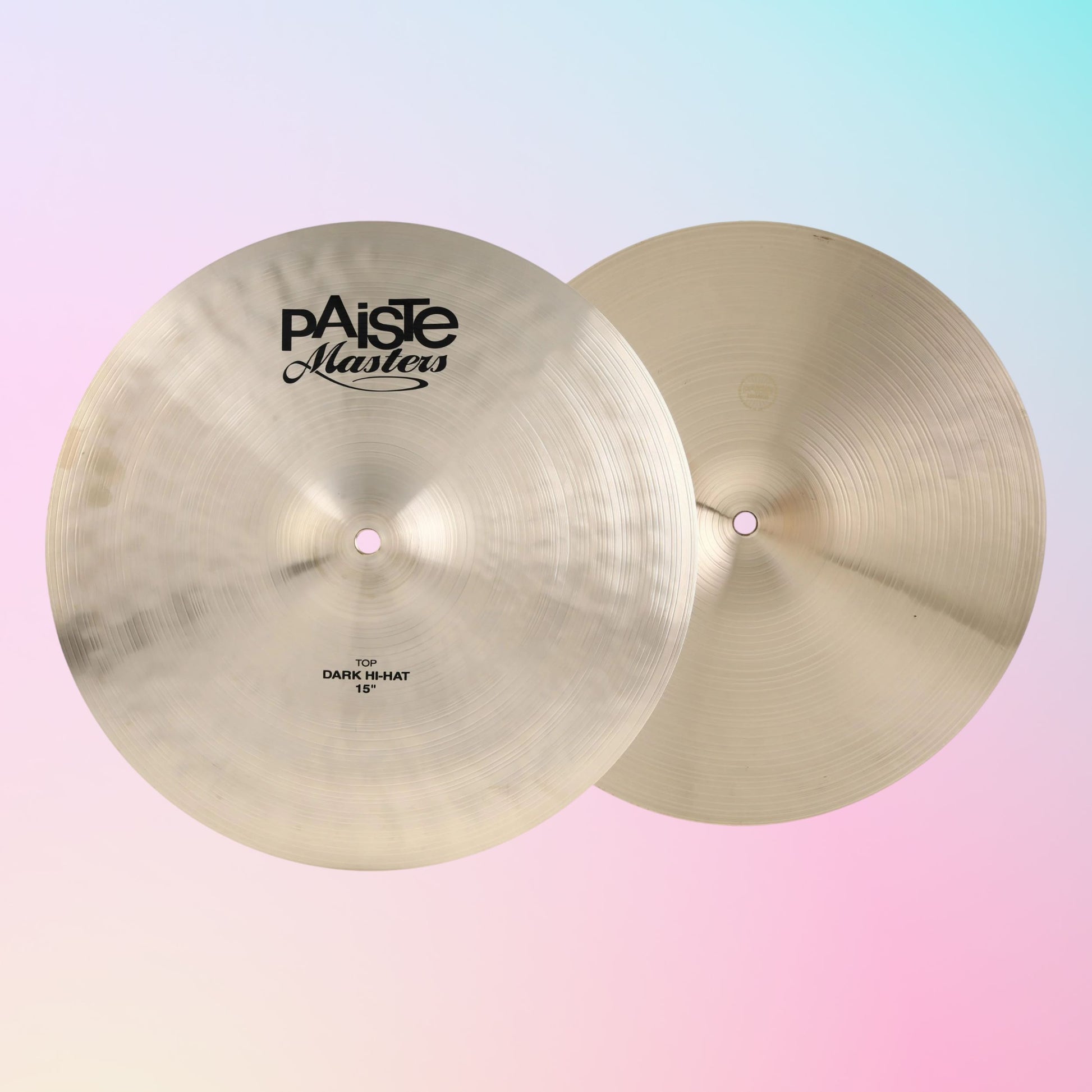 Front view of Paiste 15" Masters Dark Hi-Hats on multicolored background