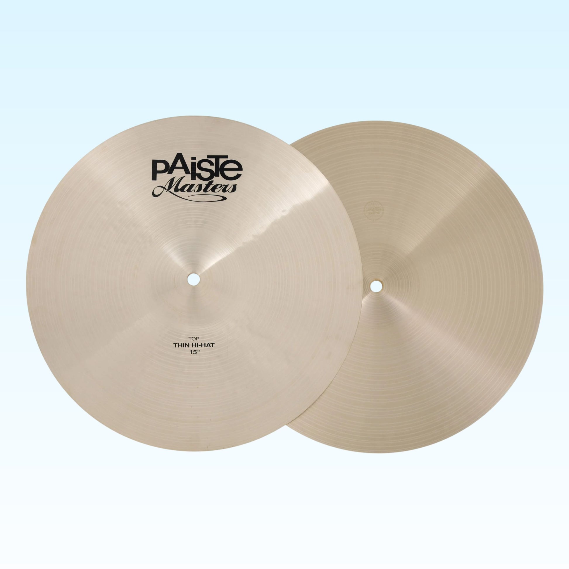 Front view of Paiste 15" Masters Thin Hi-Hats on blue background