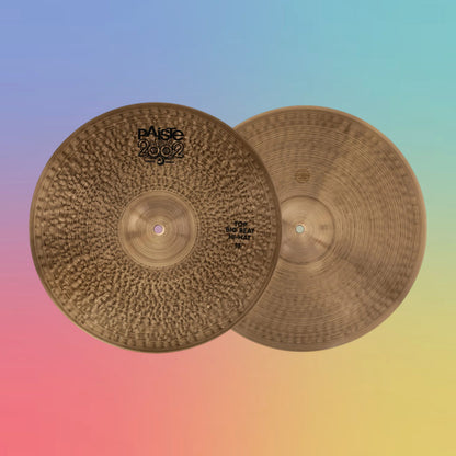 Front view of Paiste 16" 2002 Big Beat Hi-Hats on multicolored background