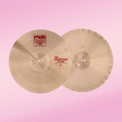 Front view of Paiste 17" 2002 Sound Edge Hi-Hats on pink background