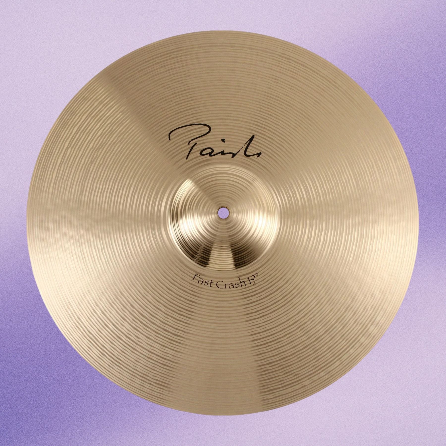 Front view of Paiste 19" Signature Fast Crash Cymbal on purple gradient background