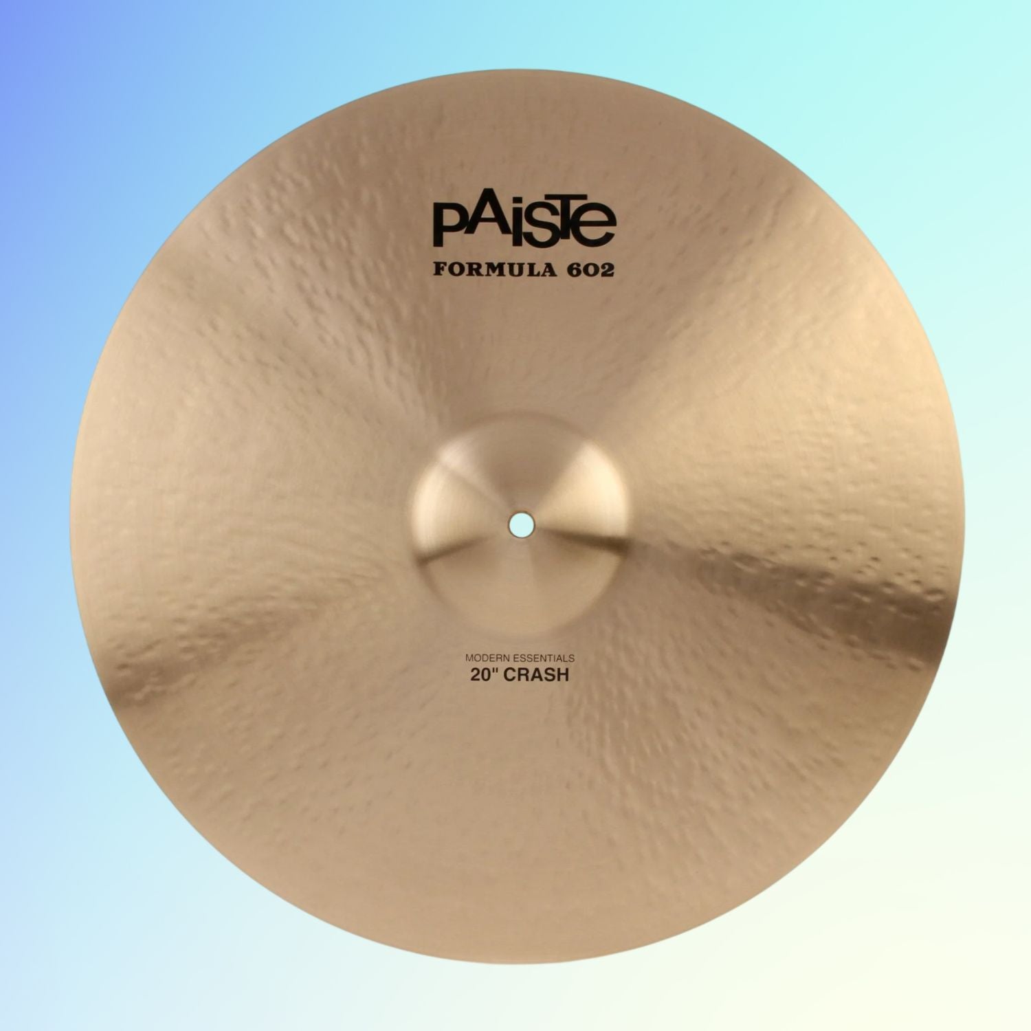 Front view of Paiste 20" Formula 602 Modern Essentials Crash Cymbal on blue background