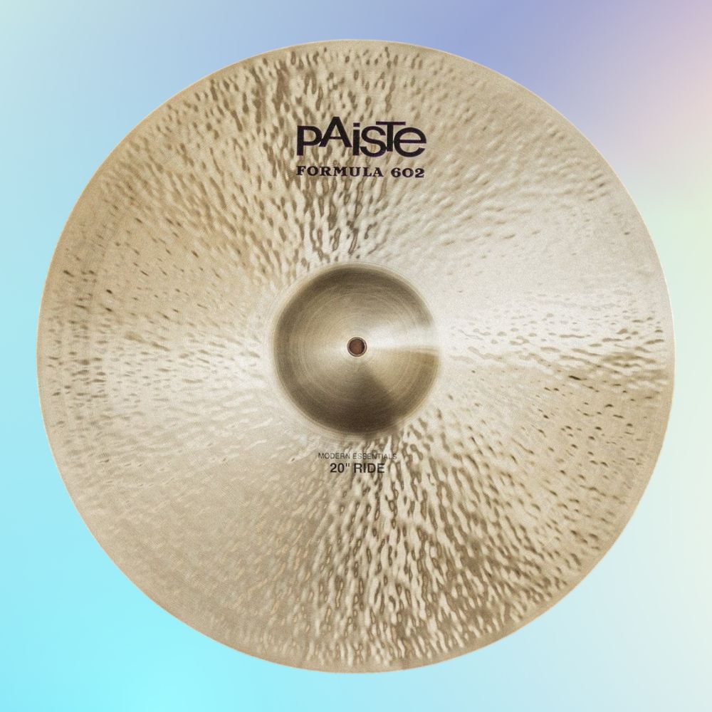 Front view of Paiste 20" Formula 602 Modern Essentials Ride Cymbal on multicolored background
