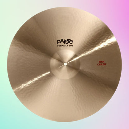 Front view of Paiste 20" Formula 602 Thin Crash Cymbal on multicolored background