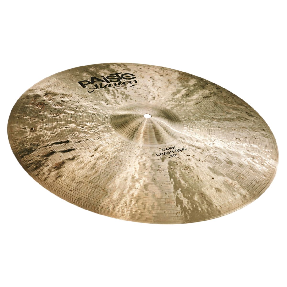 Angled view of Paiste 20" Masters Dark Crash Ride Cymbal on white background