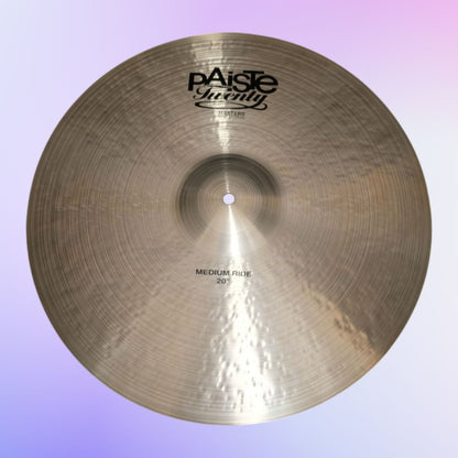 Front view of Paiste 20" Masters Medium Ride Cymbal on purple background