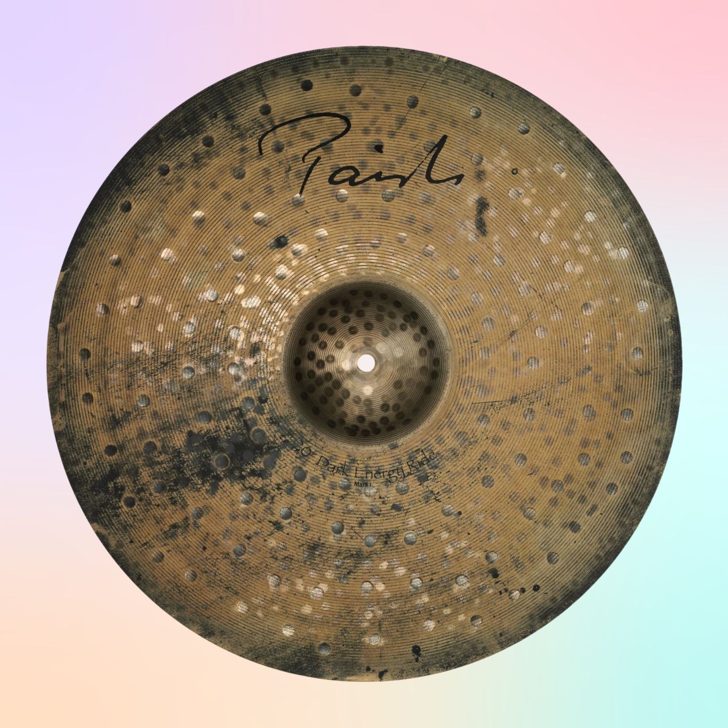 Front view of Paiste 20" Signature Dark Energy Mark I Ride Cymbal on multicolored background