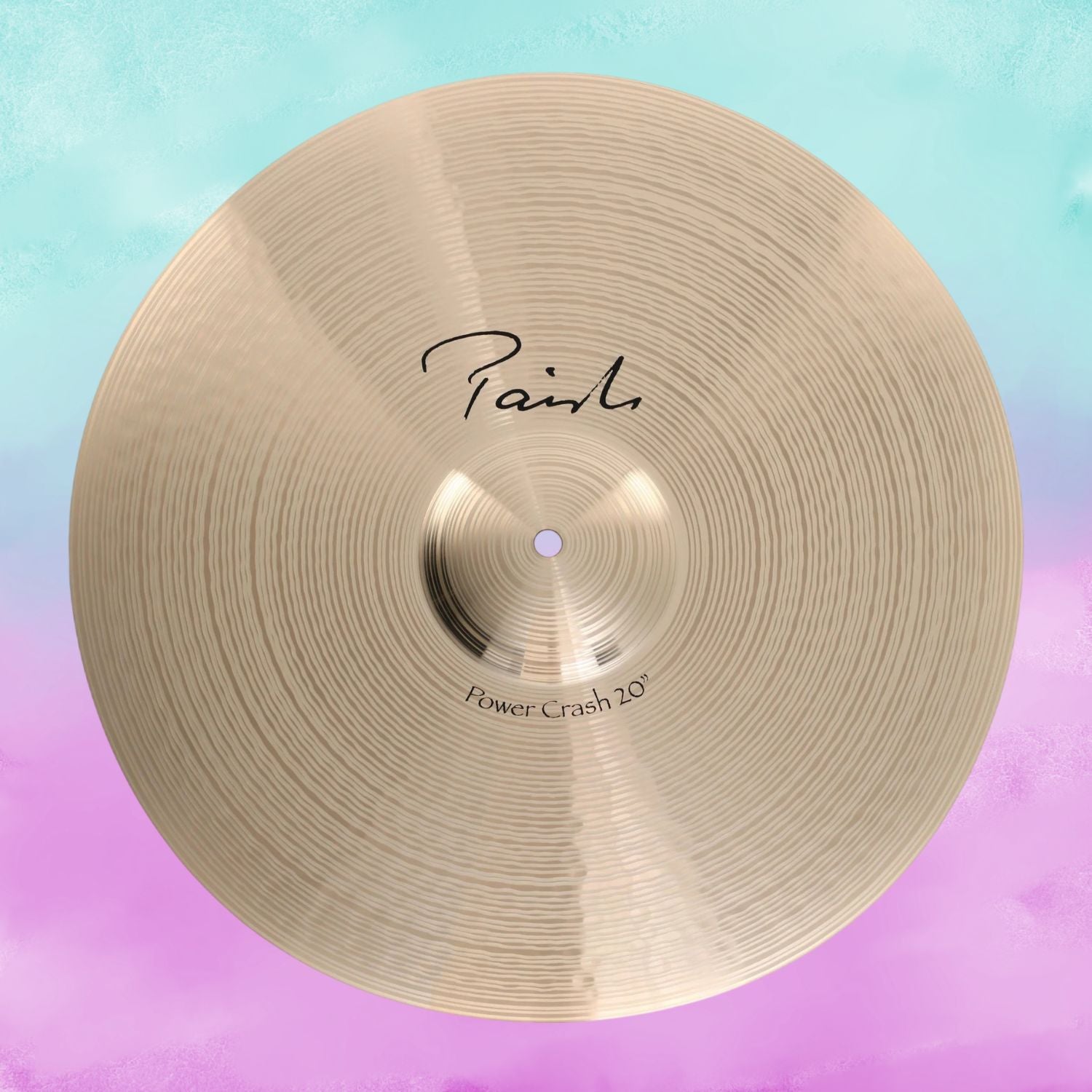Front view of Paiste 20" Signature Power Crash Cymbal on blue and pink background