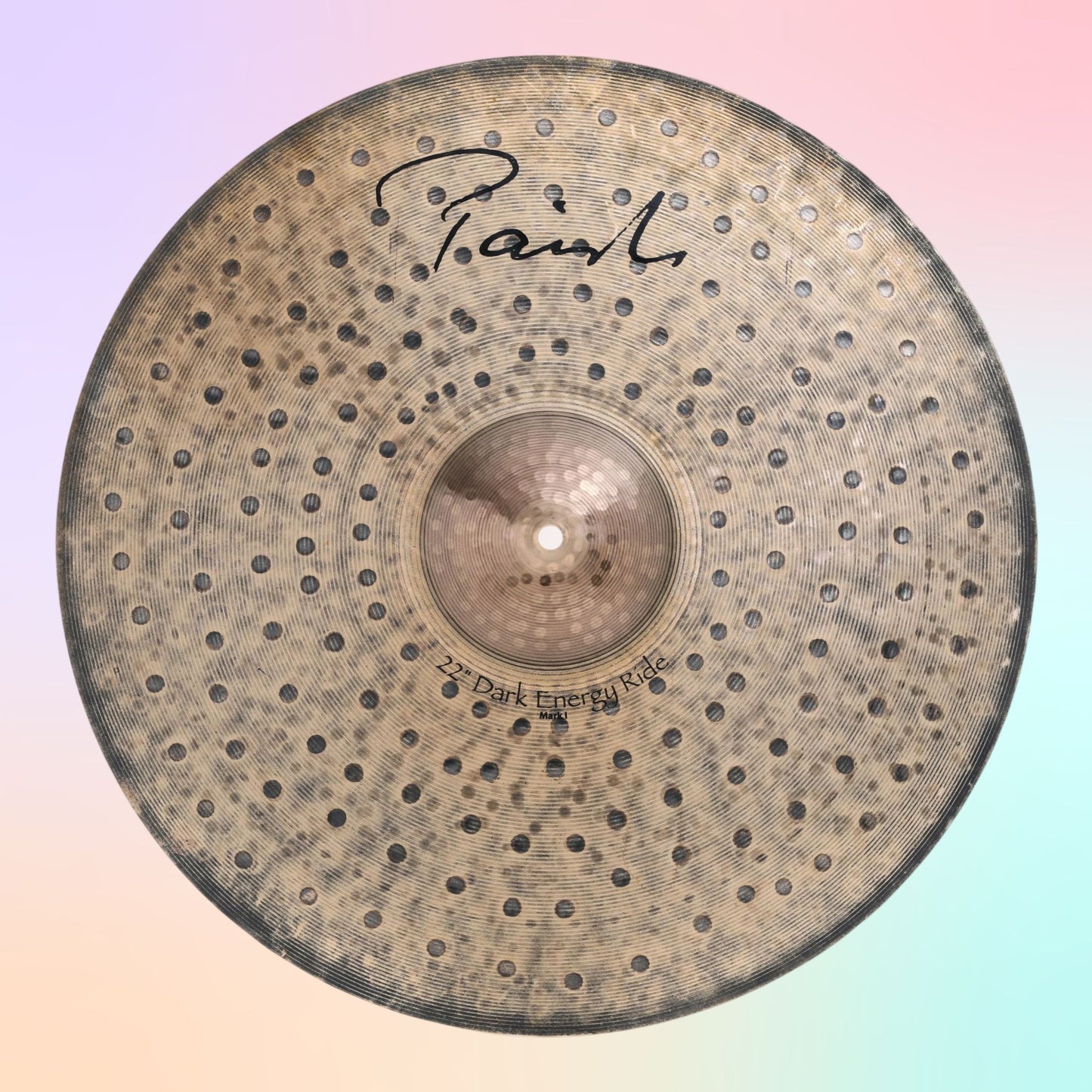 Front view of Paiste 22" Signature Dark Energy Ride Mark I Cymbal on multicolored background