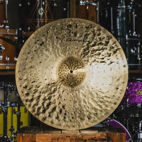 Front view of Paiste 22" Signature Dark Energy Ride Mark II Cymbal on wooden crate in studio