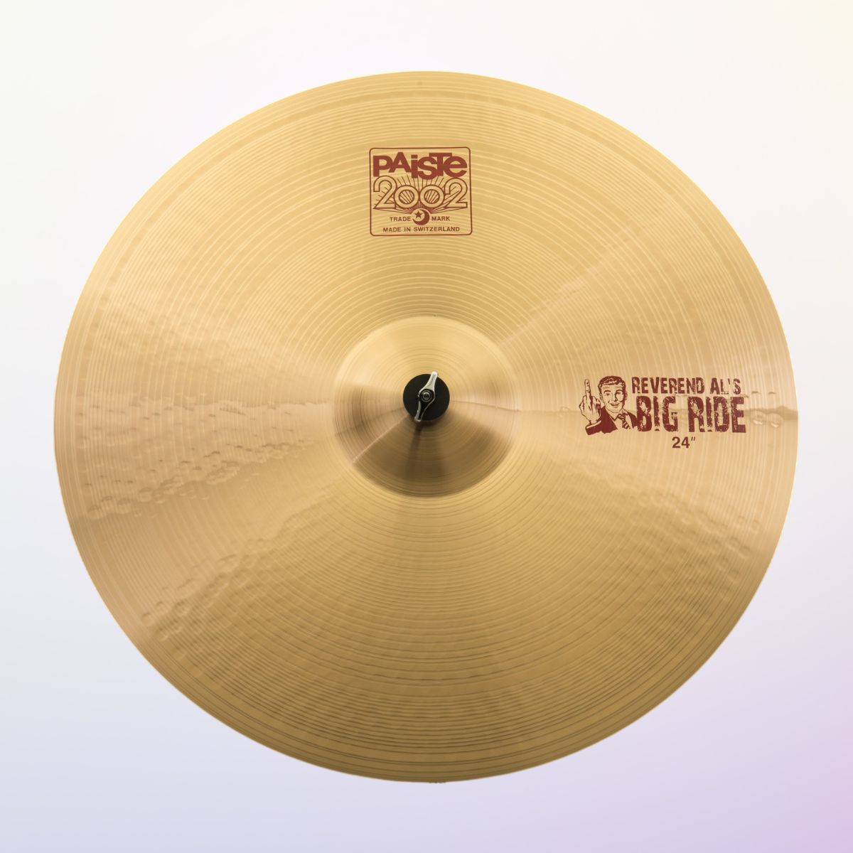 Front view of Paiste 24" 2002 "Reverend Al's" Big Ride Cymbal on purple gradient background