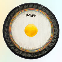 Front view of Paiste 28" Symphonic Gong on yellow and blue gradient background