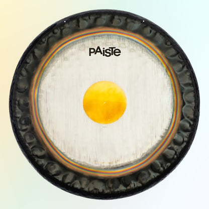 Front view of Paiste 28" Symphonic Gong on yellow and blue gradient background