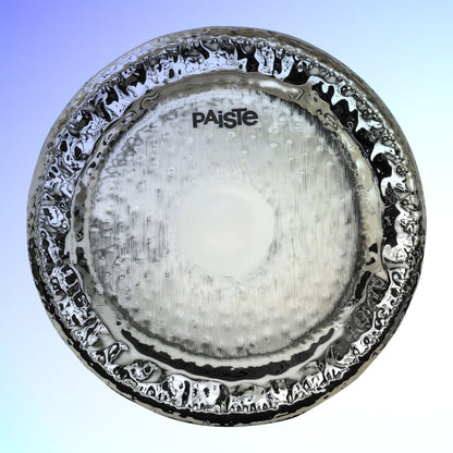 Front view of Paiste 32" Symphonic Gong Brilliant on blue background
