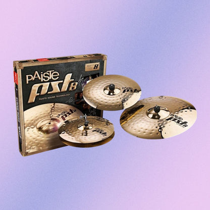 Inclusions of Paiste PST 8 Reflector Rock Set (14/16/20) on purple background