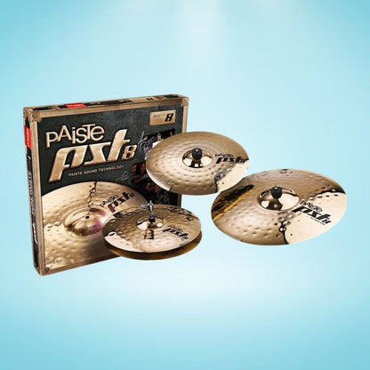 Inclusions of Paiste PST 8 Reflector Universal Set (14/16/20) on blue background