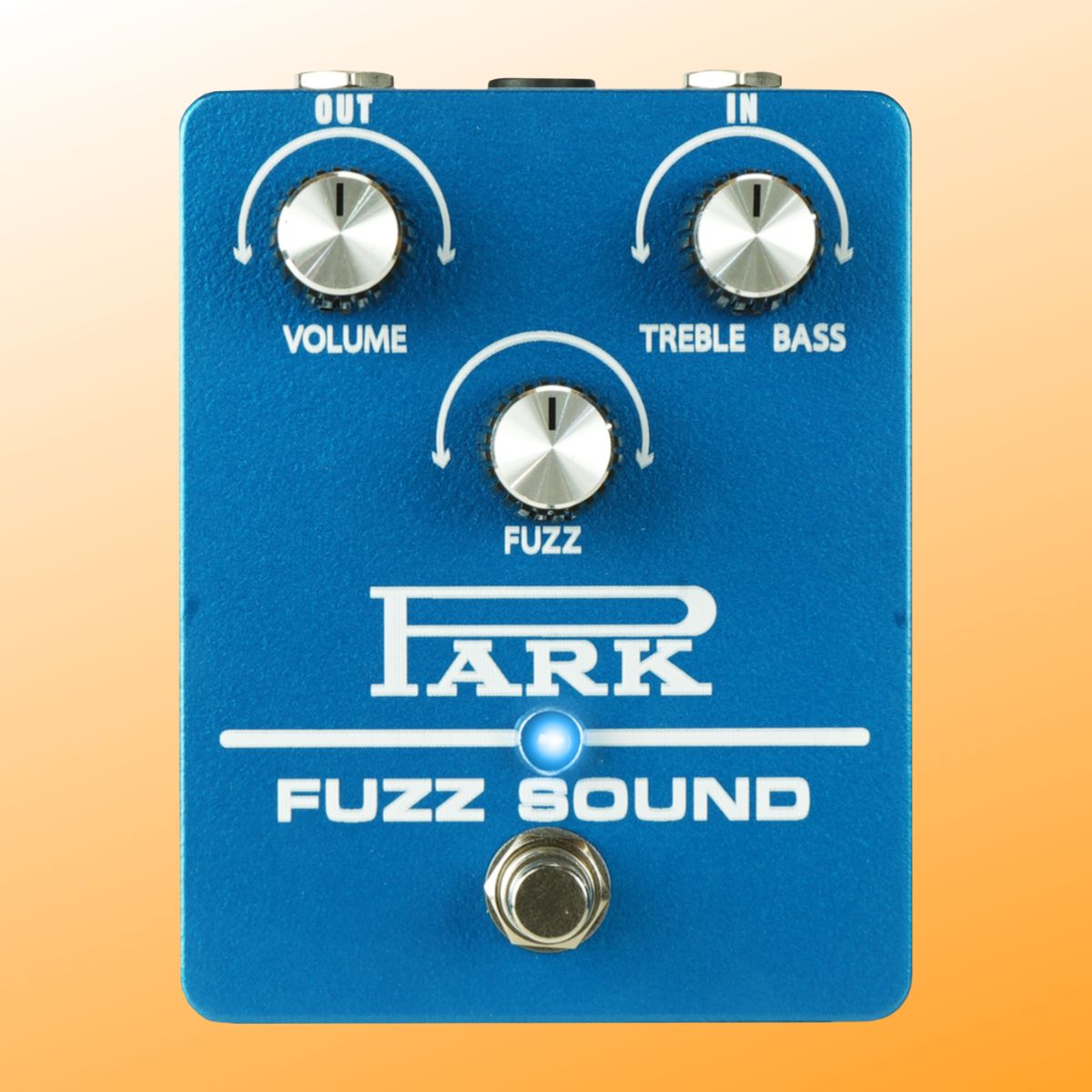 Front view of Park Custom Shop Fuzz Sound Pedal on orange background