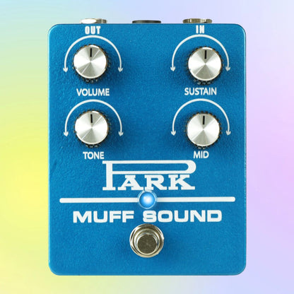 Front view of Park Custom Shop Muff Sound Pedal on multicolored background