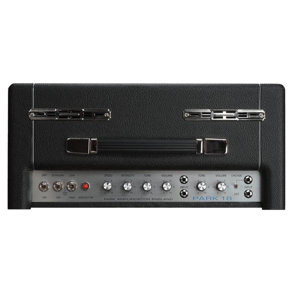 Top ports and controls view of Park P18C Park 18 Combo (1974/Tremolo) Custom Guitar Amplifier on white background