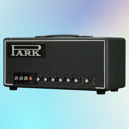 Angled view of Park P18LH Park ‘Little 45’ Custom Guitar Amplifier Head on blue gradient background