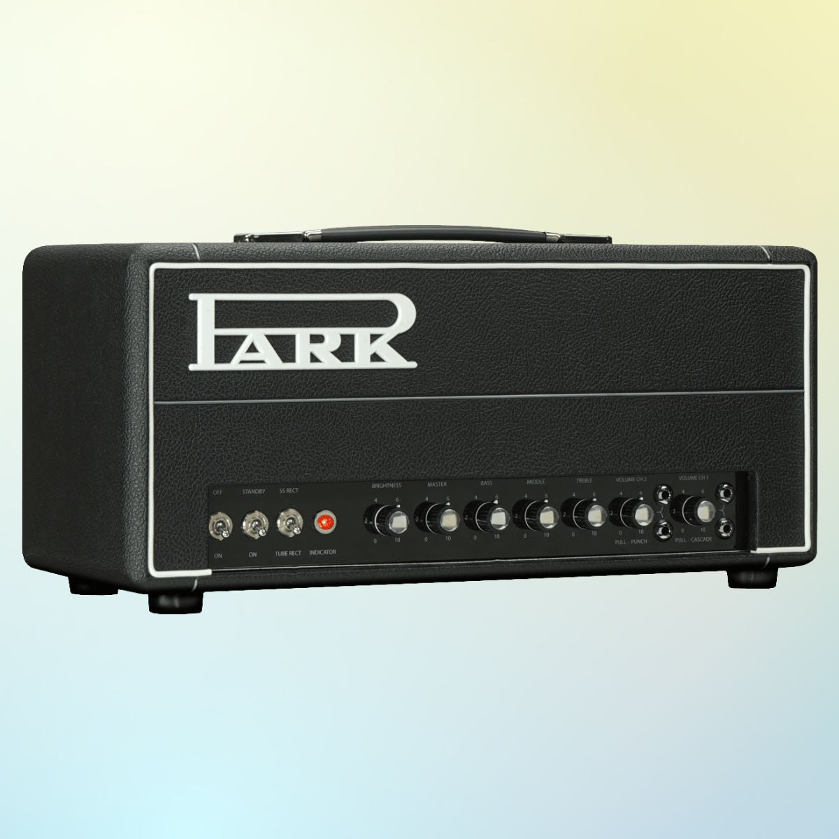 Angled view of Park P18LR Little Rock Custom Guitar Amplifier Head on yellow and blue gradient background