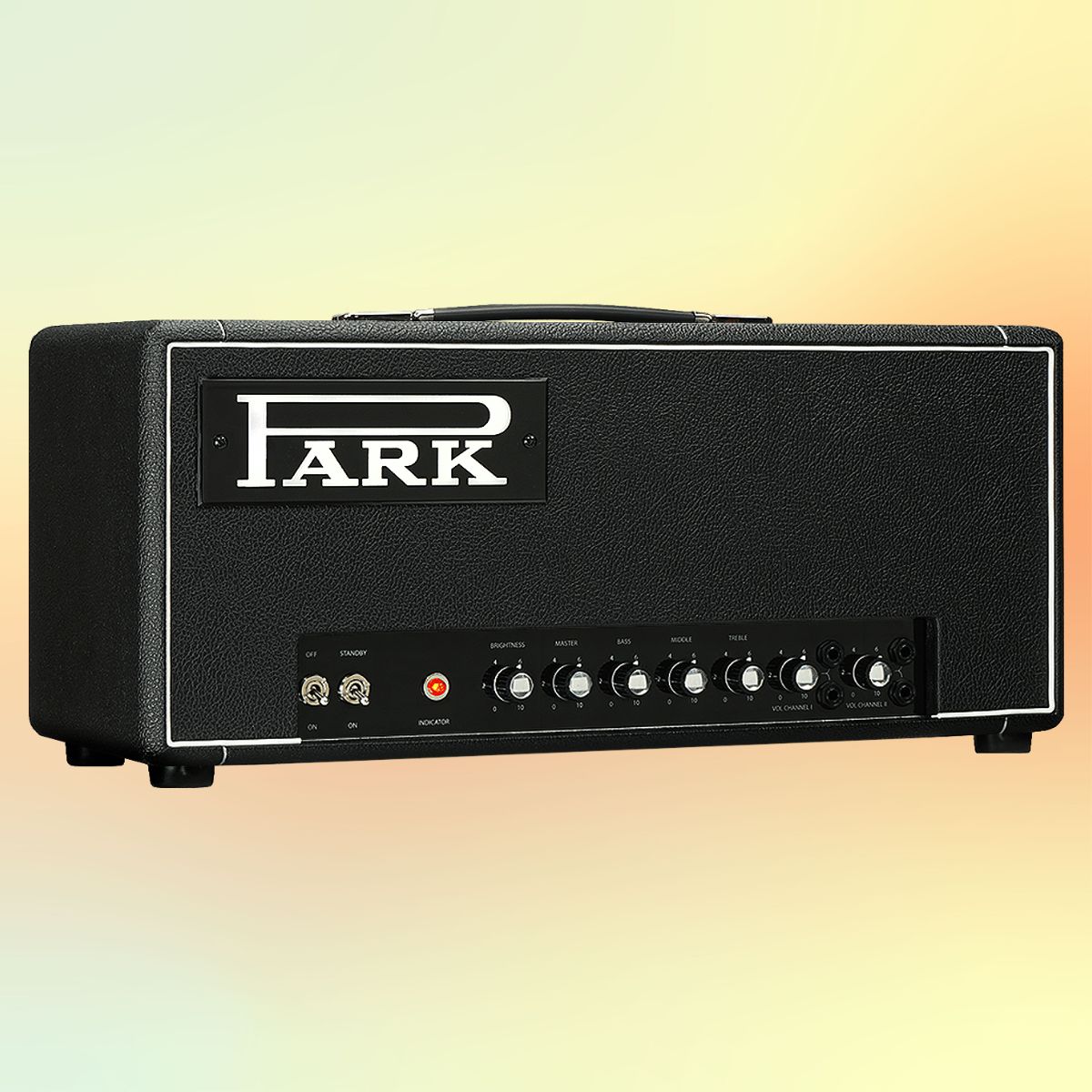 Angled view of Park P45 Classic (1964-66) Custom Guitar Amplifier Head on yellow and orange gradient background