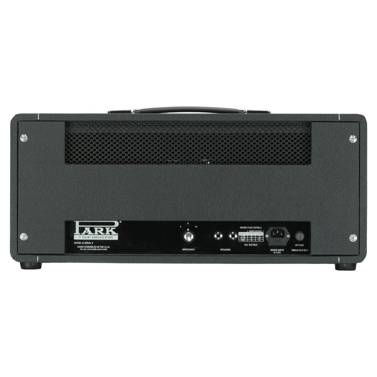 Rear ports view of Park P50 Classic (1966 Black Flag Plexi) Custom Guitar Amplifier Head on white background