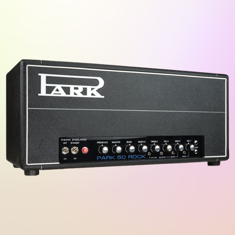 Angled front view of Park P50RH Rock Custom Guitar Amplifier Head on multicolored background
