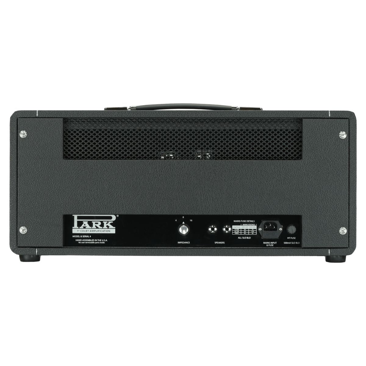 Rear ports view of Park P75 Classic (1969) Custom Guitar Amplifier Head on white background