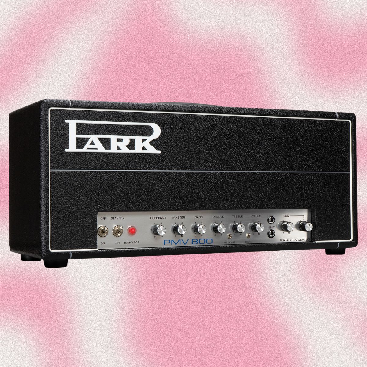 Angled view of Park PMV800 Handwired Custom Guitar Amplifier Head on pink background