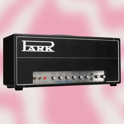 Angled view of Park PMV800 Handwired Custom Guitar Amplifier Head on pink background