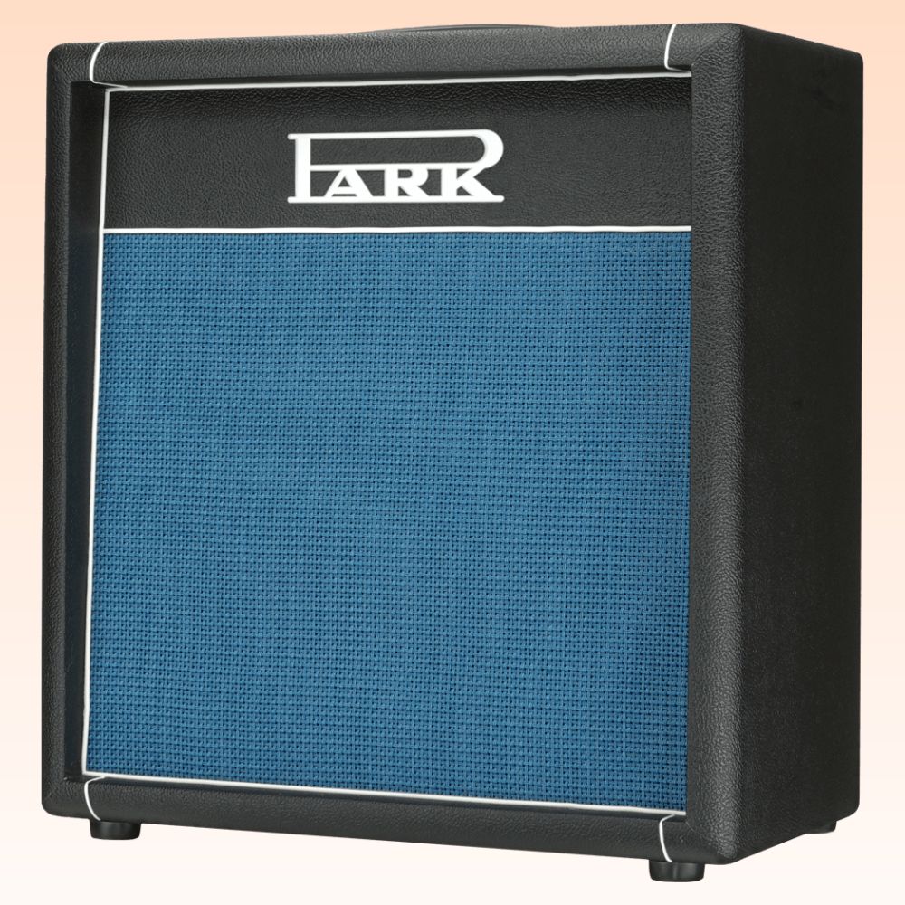 Angled view of Park S1-112 (Angled Grill) Speaker Cabinet on orange background