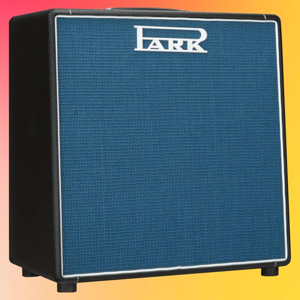 Angled view of Park SA-112 (Angled Grill) Speaker Cabinet on red and orange gradient background