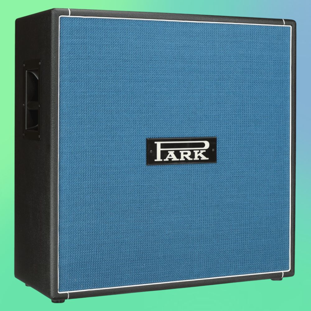 Angled view of Park SA-412 (Angled Grill) Speaker Cabinet on green and blue gradient background
