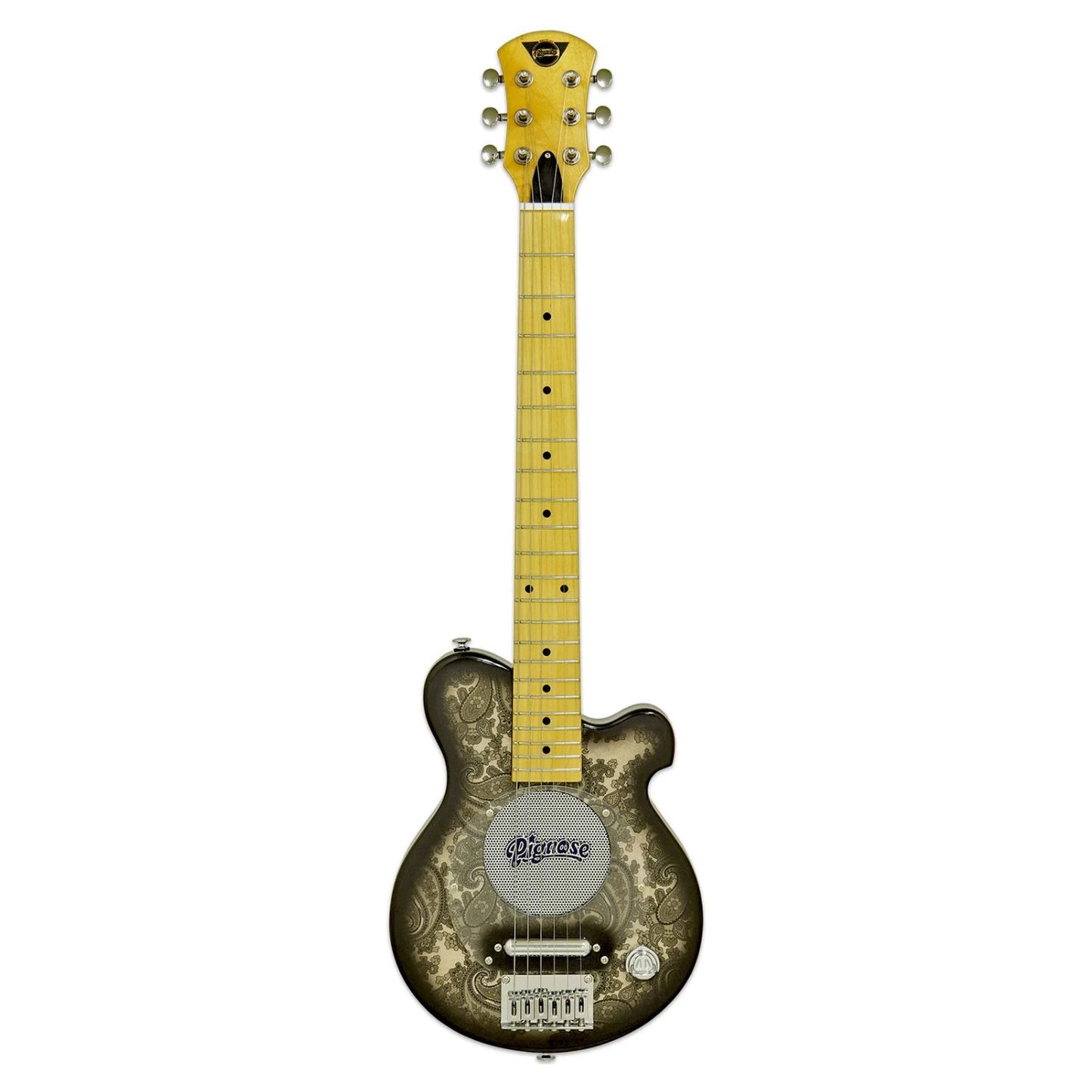 Front view of Pignose PGG 200 Electric Guitar Black Paisley on white background