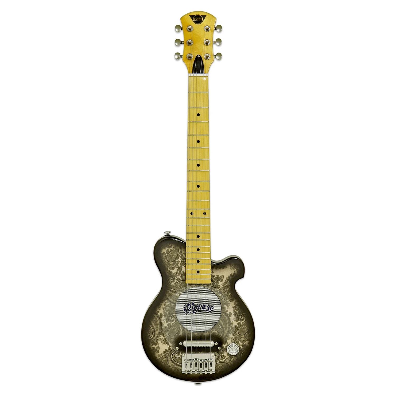 Front view of Pignose PGG 200 Electric Guitar Black Paisley on white background