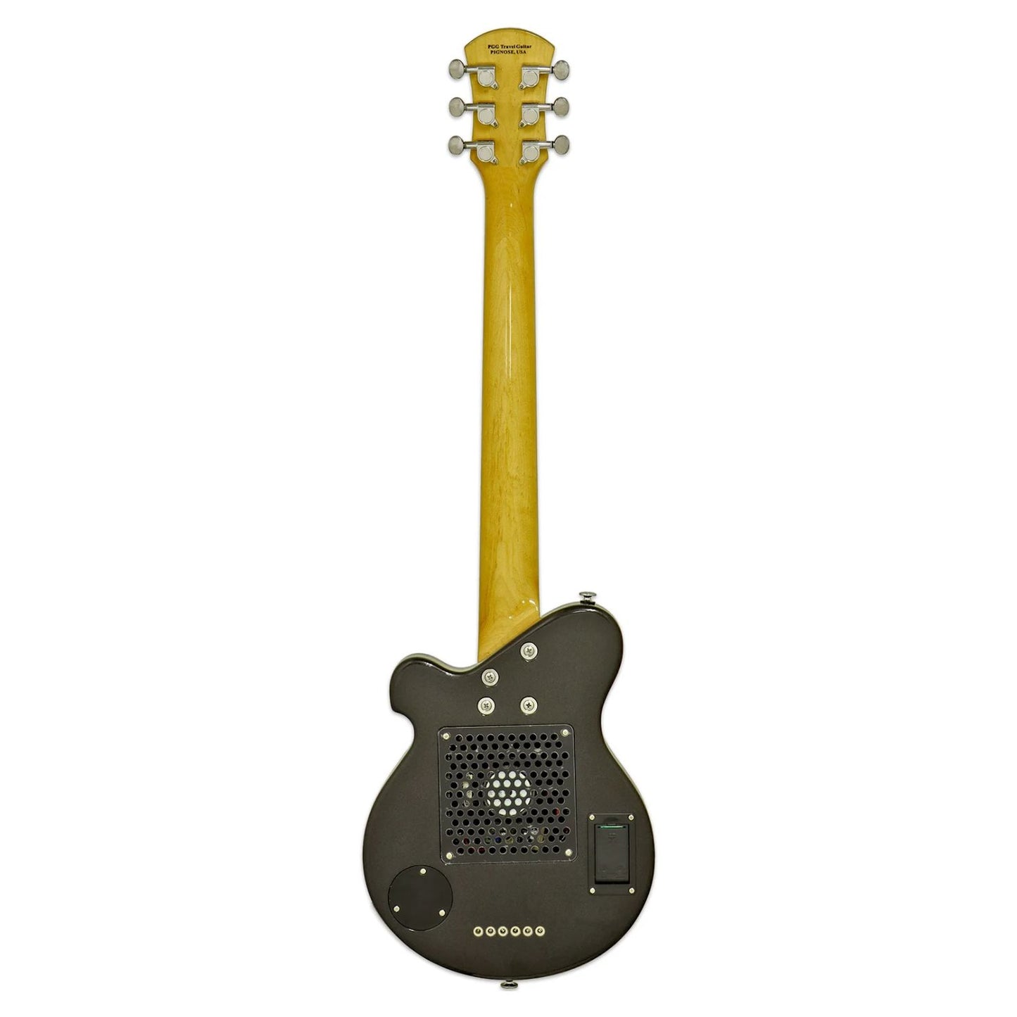 Rear view of Pignose PGG 200 Electric Guitar Black Paisley on white background